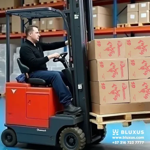 Empleado con Montacarga Organizando Cajas de Espuma Carnaval Twister en Bodega Aeromat