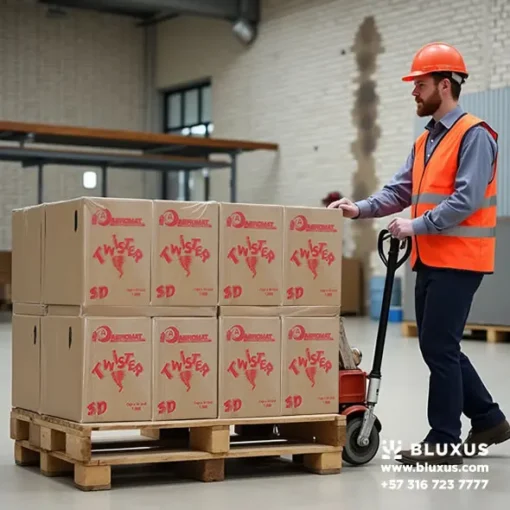 Empleado con Montacarga Organizando Cajas de Espuma Carnaval Twister en Bodega Aeromat