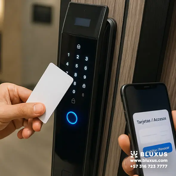 Cerradura inteligente con sistema de tarjeta RFID para el control de acceso en hoteles, Airbnb y el sector comercial, con gestión remota.