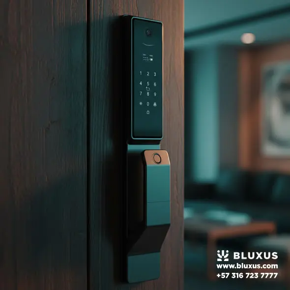 Cerraduras Inteligentes Colombia Primer plano de cerradura inteligente Bluxus negra instalada en puerta de madera con lector de huella iluminado.