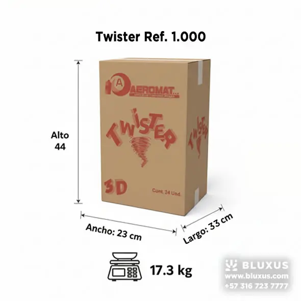 Infografía mostrando las especificaciones técnicas de la caja de Espuma Twister 1000: 24 unidades, 17.3 kg, y medidas 23x44x33 cm.