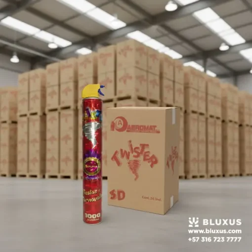 Foto de producto de la Espuma Twister 1000 ml junto a su caja de envío sellada de 24 unidades, sobre un fondo blanco limpio.