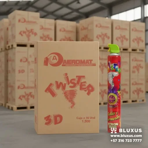 Foto de producto de la Espuma Twister 1500 ml (envase grande) junto a su caja de envío sellada de 16 unidades, sobre un fondo blanco limpio.