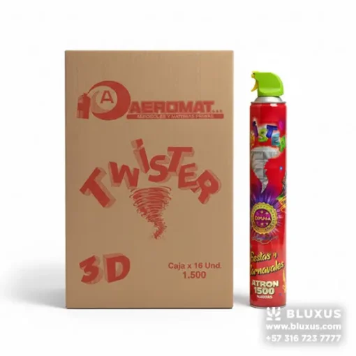 toto de producto de la Espuma Twister 1500ml (envase grande) junto a su caja de envío sellada de 16 unidades, sobre un fondo blanco limpio.