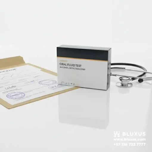 Bodegón médico mostrando la caja de la prueba de alcohol Abbott junto a documentos de certificación técnica y estetoscopio.