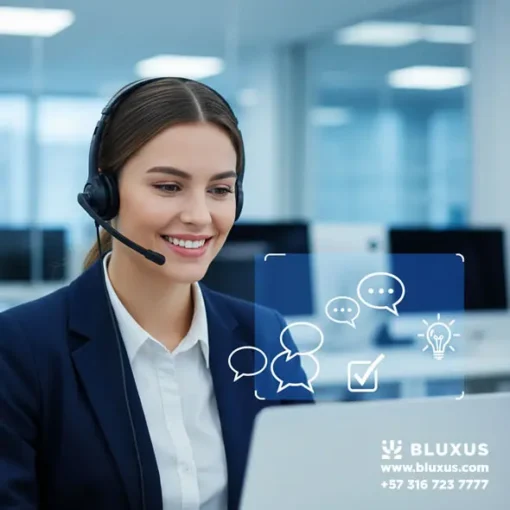 Asesor de Bluxus atendiendo consultas online sobre pruebas de alcoholemia con auriculares y ordenador.