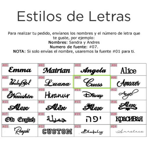 Estilos de letras para collares personalizados con dos nombres