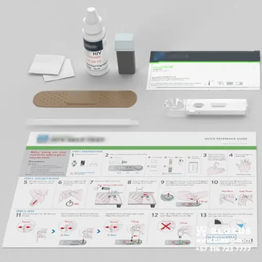 Kit de HIV Self-Test con hisopo y reactivo listo para usar.