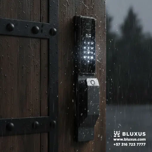 Cerradura Inteligente BCM016 instalada en exteriores soportando lluvia gracias a su protección IP65.