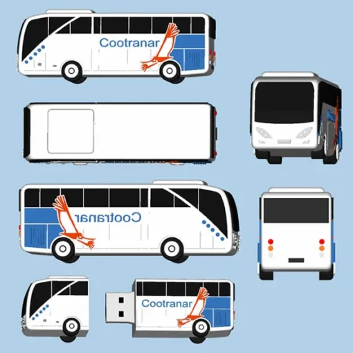 Memoria USB Personalizada Forma de Bus Moderno: Celebrando los 50 Años de Cootranar 16 Transformación en 3D Diseño Aerocondor Cootranar