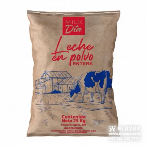 Leche en polvo por 25 kilos Saco Milk Dia, presentación en papel Kraft para venta mayorista.