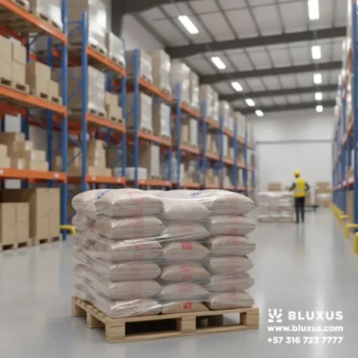 Estiba con bultos de 25kg de Leche Milk Dia en bodega, lista para distribución nacional y venta mayorista en Colombia.