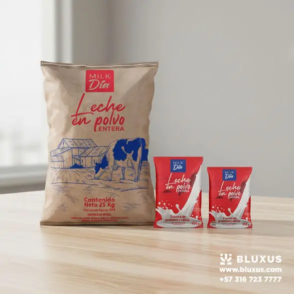 Comparativa de tamaños de Leche Milk Dia: Bolsa 380g, Bolsa 900g y Saco Institucional de 25kg disponibles para negocios.