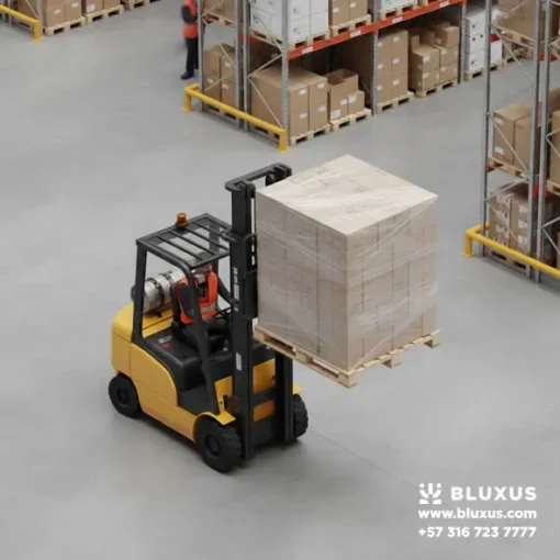 Estibas con cajas de Leche Milk Dia listas para despacho nacional en bodega de Bluxus