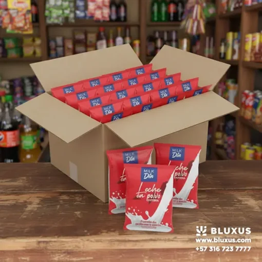 Caja master de 30 unidades de leche en polvo 380g Milk Dia, formato ideal para abastecimiento de tiendas de barrio y minimercados.