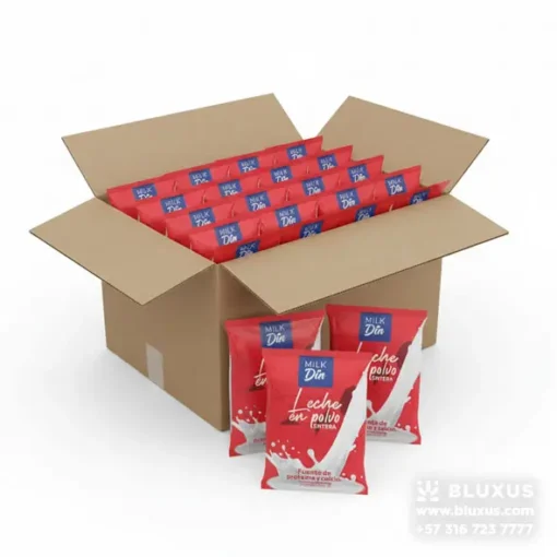 Caja master con 30 unidades de Leche en Polvo 380g Milk Dia para distribución en tiendas.