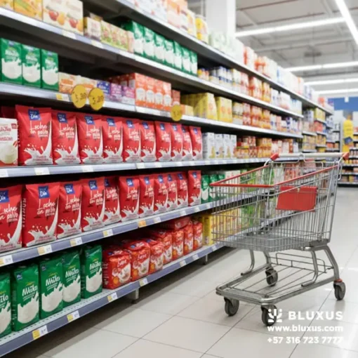 leche milk dia estantería, rotación producto lácteos, venta supermercado colombia, exhibición leche polvo, rentabilidad tienda.