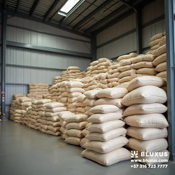 Comercializadora de Granos Bodega don Sacos de granos almacenados en una bodega lista para su distribución.