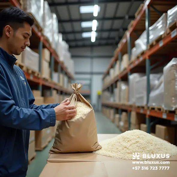 Cliente revisando un saco de arroz de alta calidad en un centro de distribución.