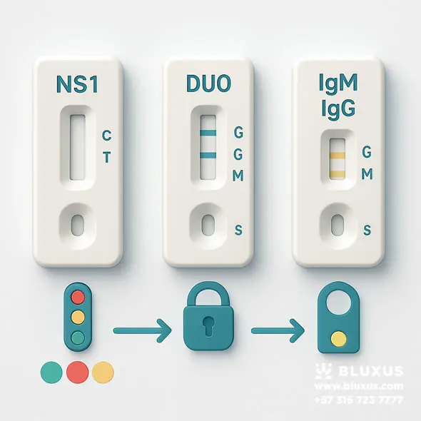 Comparativa visual de pruebas rápidas de dengue (NS1, Duo, IgM/IgG) y sus ventanas por días.