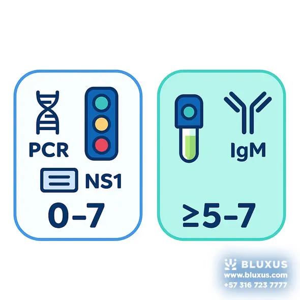 Semáforo visual que indica qué prueba usar según días de síntomas.