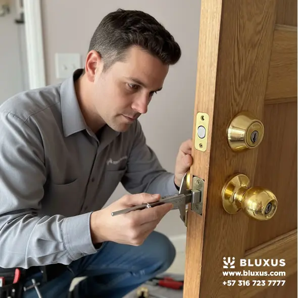 Instalador Profesional de Cerraduras Inteligentes Bluxus dando Diagnóstico de Puerta