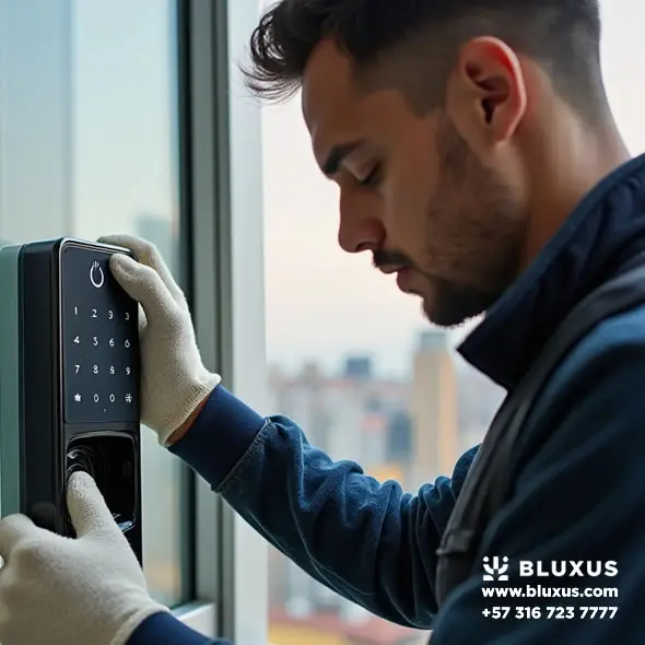 ¿Cuánto cuesta poner una cerradura inteligente? 6 Servicio técnico especializado de Bluxus instalando cerraduras inteligentes en Bogotá
