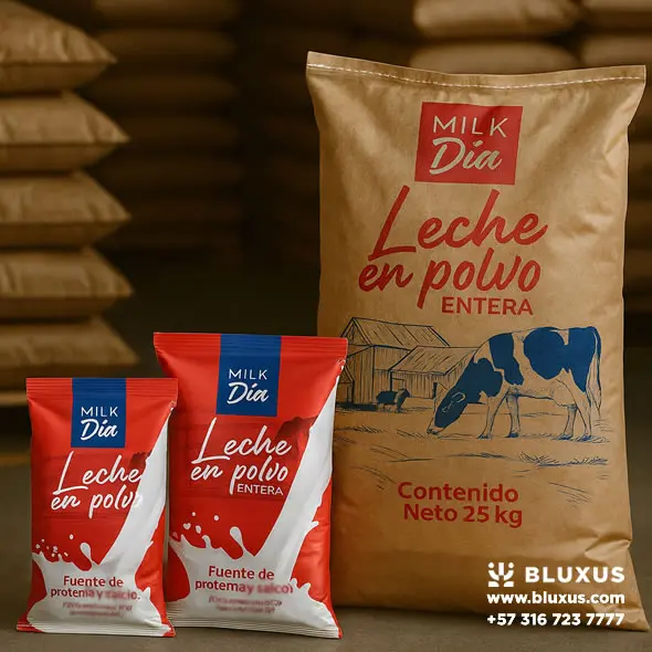 Todas las presentaciones de Leche Milk Dia en Colombia: bolsas de 380g, 900g y sacos de 25kg con calidad garantizada.