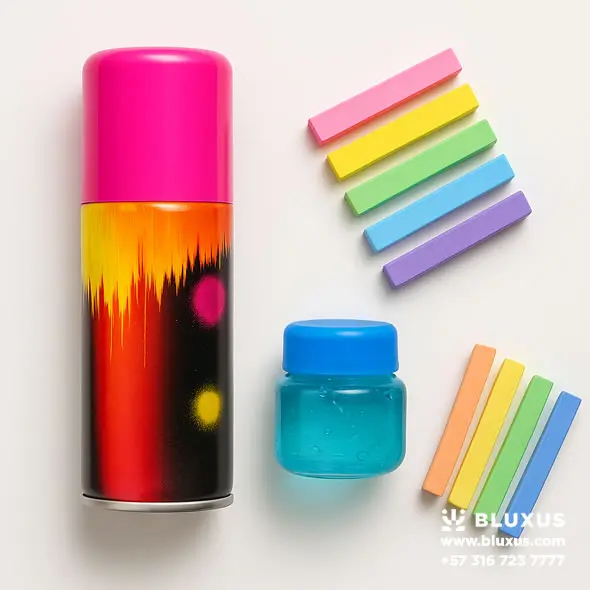 Flat lay de spray, gel y tiza para pintura para el cabello temporal sobre fondo blanco, estilo guía profesional