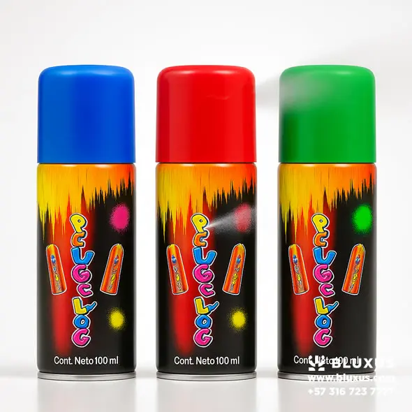 Tres aerosoles de Laca de Color para el Cabello (100 ml) con tapas azul, rojo y verde, bruma en aplicación sobre fondo blanco.