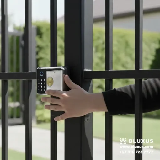 Cerradura inteligente BC010 demostrando su sistema de doble huella para evitar aperturas no autorizadas a través de rejas.