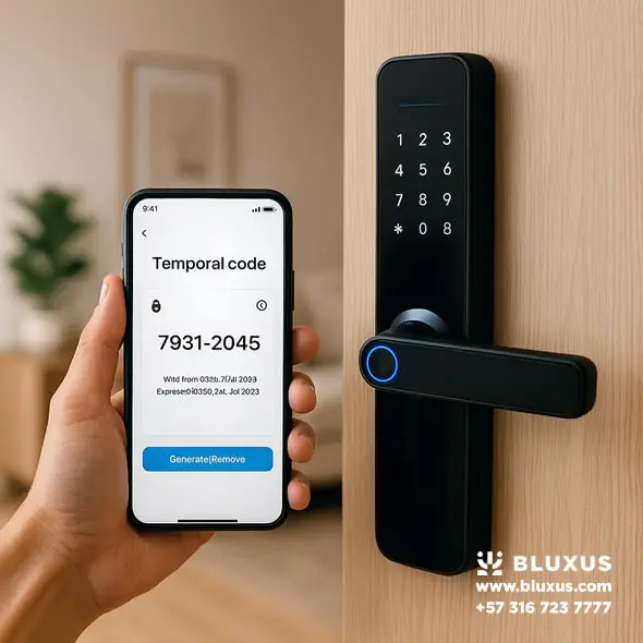 Cerraduras Inteligentes para Airbnb en Colombia Check-in Autónomo 24/7 18 Cerradura digital BC001 para apartamentos Airbnb en Medellín, mostrando la gestión de códigos temporales desde la aplicación móvil.