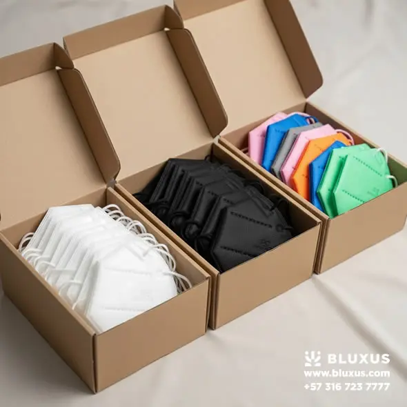 Tres cajas de 50 unidades mostrando la variedad de tapabocas disponibles al por mayor: Blancos, Negros y Surtidos de colores.