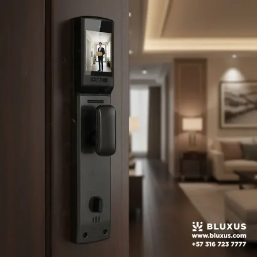 Vista interior de la cerradura BCM020 mostrando la pantalla HD de videoportero.