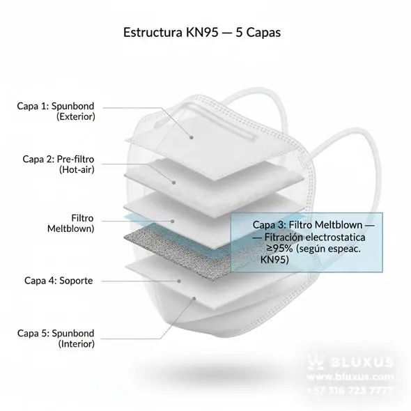 Detalle macro de la textura del filtro Meltblown de 5 capas en un Tapabocas N95 Bluxus, garantizando la máxima protección certificada en cada unidad de la caja.
