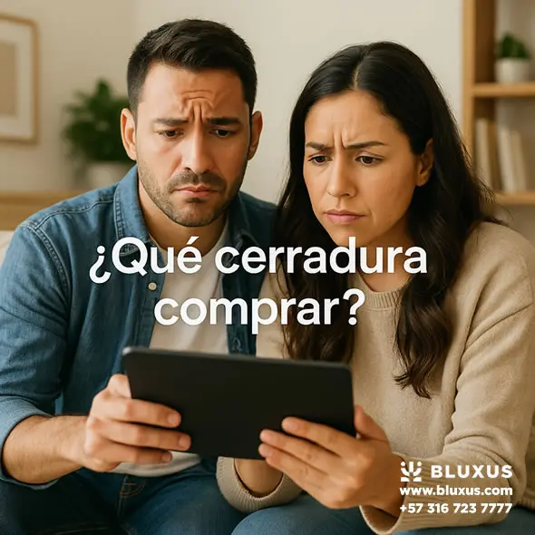 Cerradura Inteligente para Reja Exterior BC010 IP65 (Para Marcos Estrechos) 20 Pareja investigando en una tablet, con dudas sobre qué cerradura inteligente comprar para su hogar en Colombia.