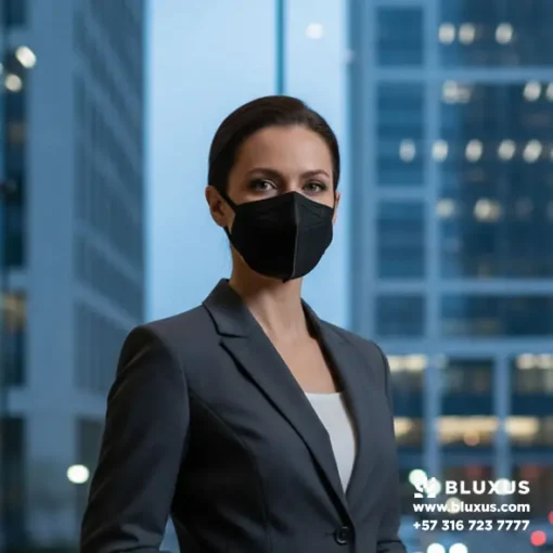 Modelo usando un tapabocas KN95 negro, ideal para el ambiente corporativo.