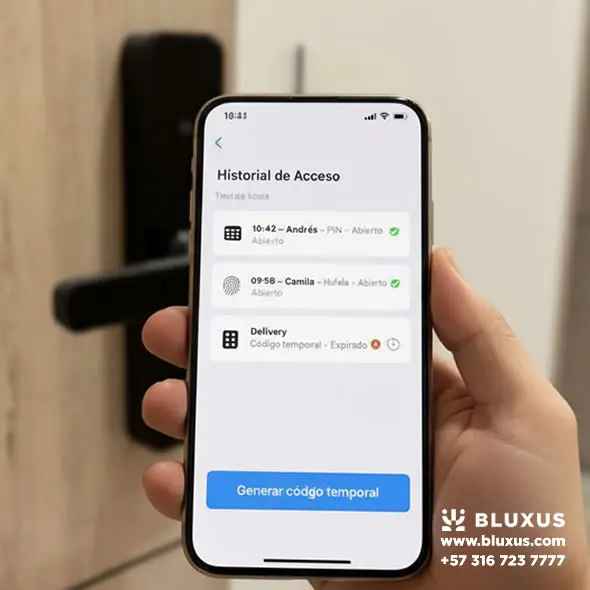 Cerraduras Inteligentes para Airbnb en Colombia Check-in Autónomo 24/7 3 Captura de pantalla de la app de gestión remota de la cerradura airbnb, mostrando el historial de entradas de un huésped.