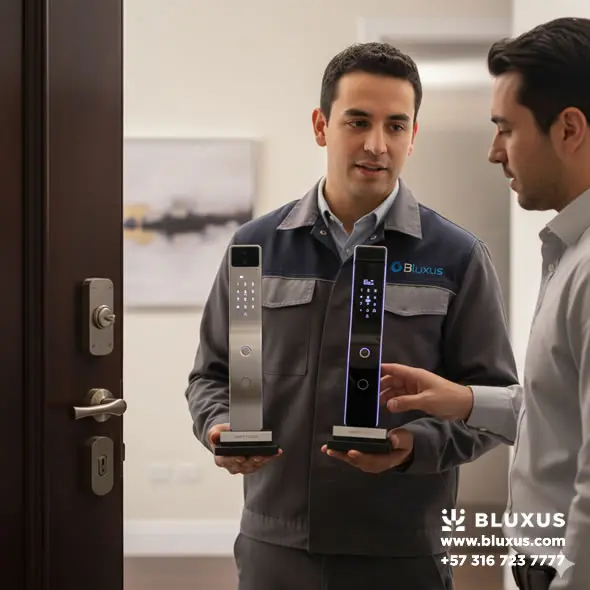 Asesoría sin riesgo de Bluxus: Técnico llevando modelos de cerraduras a domicilio en Bogotá para que el cliente pruebe y compare antes de la compra.