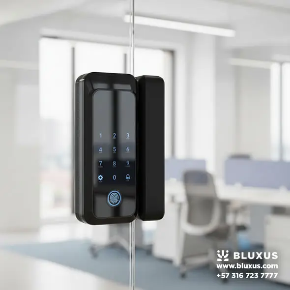 Cerraduras Inteligentes Bogotá: Precios, Venta e Instalación 16 Vista lateral de una cerradura instalada en una puerta de vidrio templado en una oficina moderna, destacando que no hay agujeros ni cables visibles.