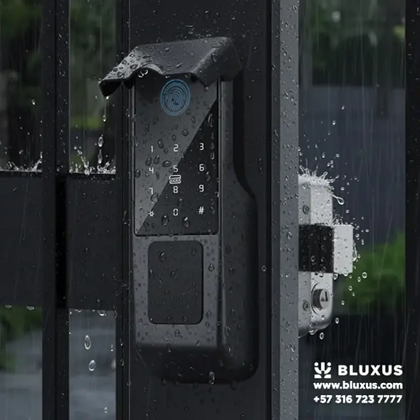 Cerraduras Inteligentes Bogotá: Precios, Venta e Instalación 15 Cerradura robusta instalada en una reja metálica negra exterior, con gotas de lluvia visibles sobre la superficie para demostrar su impermeabilidad IP65 bajo un día nublado bogotano.