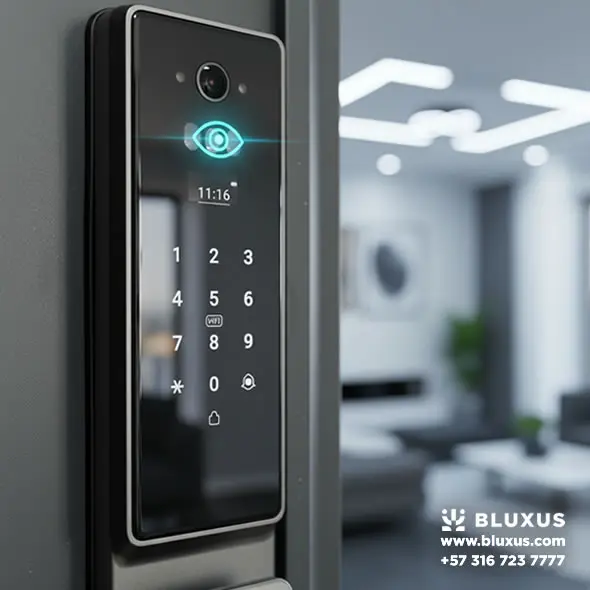 Cerraduras Inteligentes Bogotá: Precios, Venta e Instalación 14 Detalle macro del lente de la cámara integrado en la cerradura inteligente BCM, mostrando la interfaz digital y el acabado premium brillante.