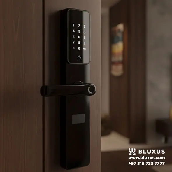 Cerraduras Inteligentes para Airbnb en Colombia Check-in Autónomo 24/7 1 Cerraduras Inteligentes para Airbnb Primer plano de una cerradura inteligente instalada en una puerta moderna de un apartamento en Colombia, mostrando un código digital en la pantalla.