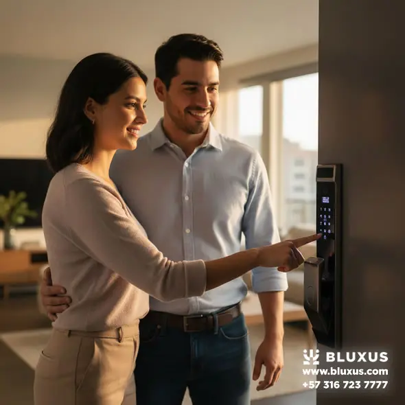 Cerraduras Inteligentes Bogotá: Precios, Venta e Instalación 36 Una pareja joven sonriendo mientras entran a su apartamento moderno en Bogotá, usando solo su huella digital para abrir la puerta. Ambiente cálido y seguro.