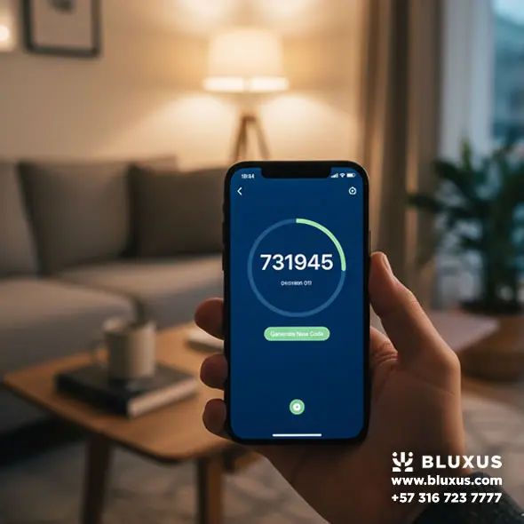 Cerraduras Inteligentes Bogotá: Precios, Venta e Instalación 17 Mano sosteniendo un smartphone mostrando la generación de un código temporal en la App, con un fondo desenfocado de un apartamento tipo loft acogedor listo para huéspedes.