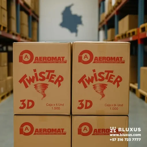 Imagen de alto contraste de cajas de Espuma Twister apiladas, simbolizando distribución y stock disponible para envíos inmediatos a toda Colombia.