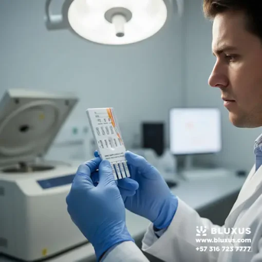 Médico analizando resultados de panel de 10 drogas en laboratorio clínico.