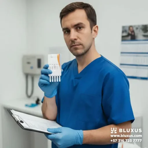 Médico ocupacional realizando examen de drogas laboral con panel Abon.
