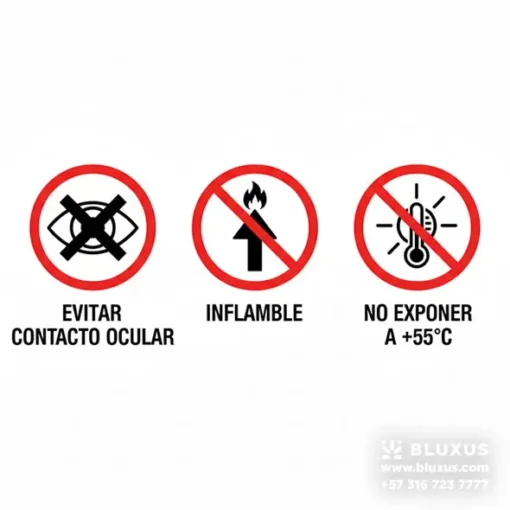 Iconos de seguridad para la espuma de fiestas: un ojo tachado (riesgo ocular), una llama tachada (inflamable) y un sol tachado (riesgo de presión por calor).