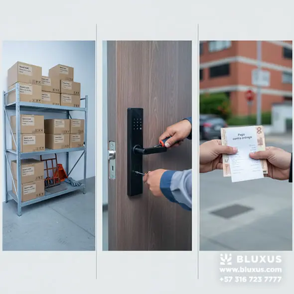 Cadena de suministro y servicio de Bluxus en Bogotá: desde el despacho de bodega, la instalación por personal propio y el soporte inmediato para cerraduras inteligentes.